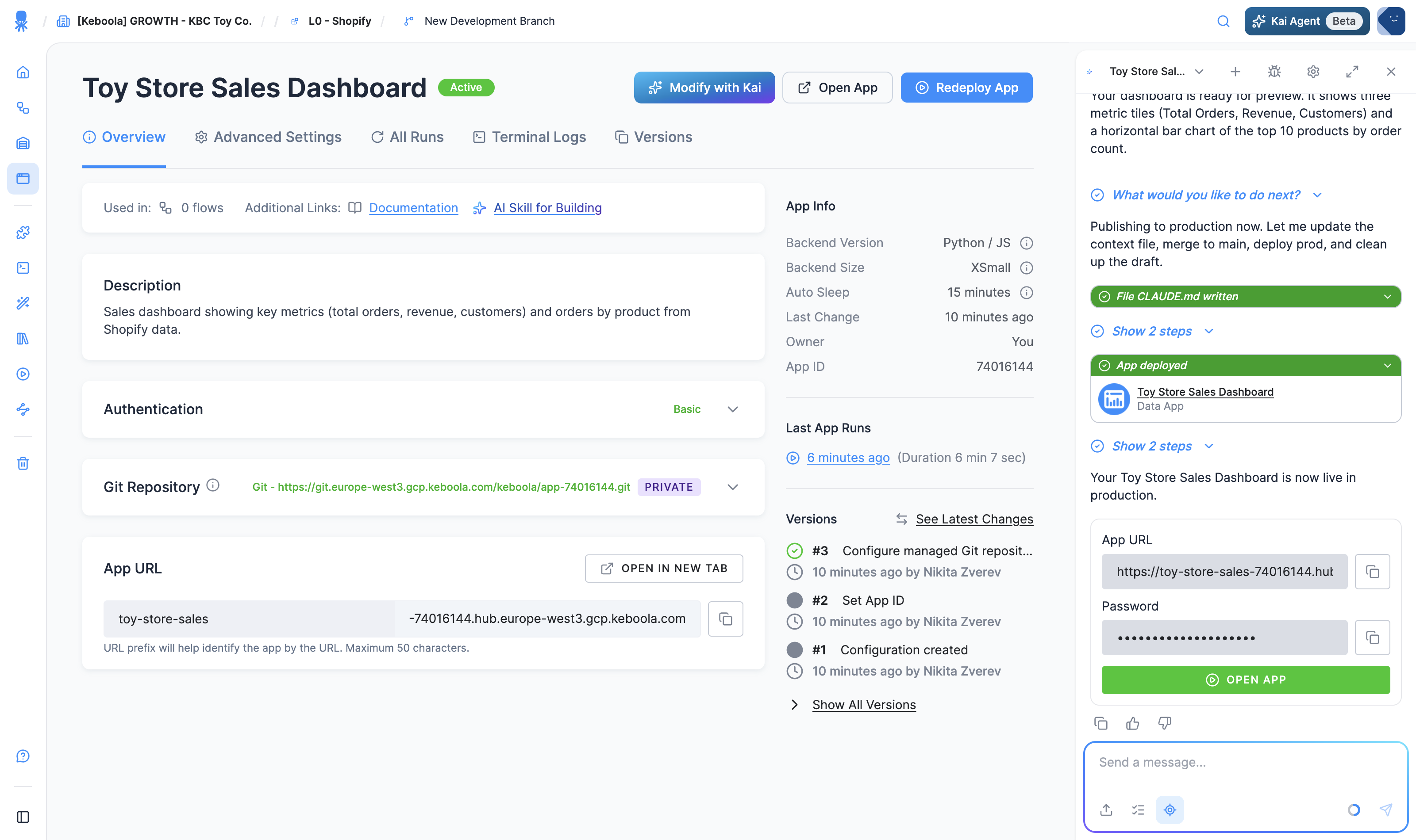 The app's configuration page: the Overview tab with Authentication and Code Source (Git Repository or Code), plus the App Info panel showing backend version, size, auto-sleep, and App ID